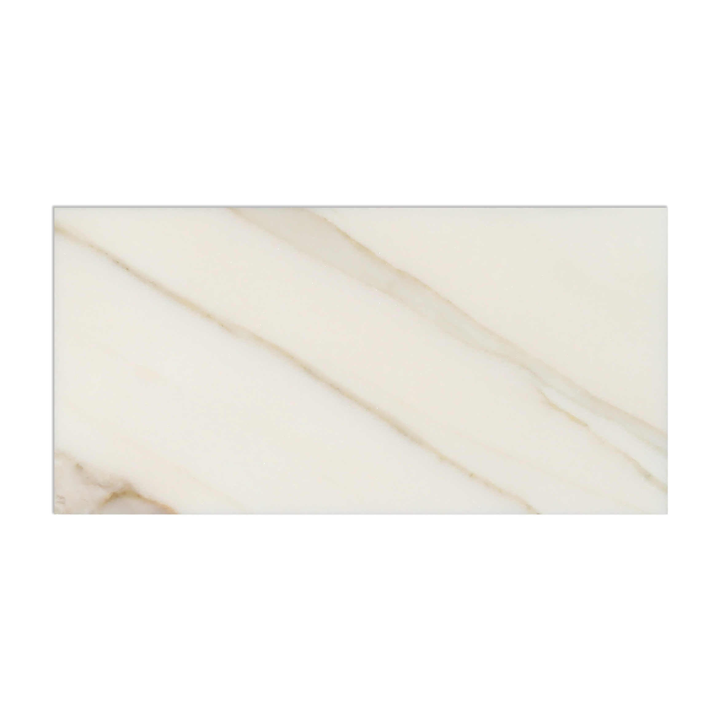 Close-up of Calacatta Gold 3x6 tile showing natural veining and polished surface