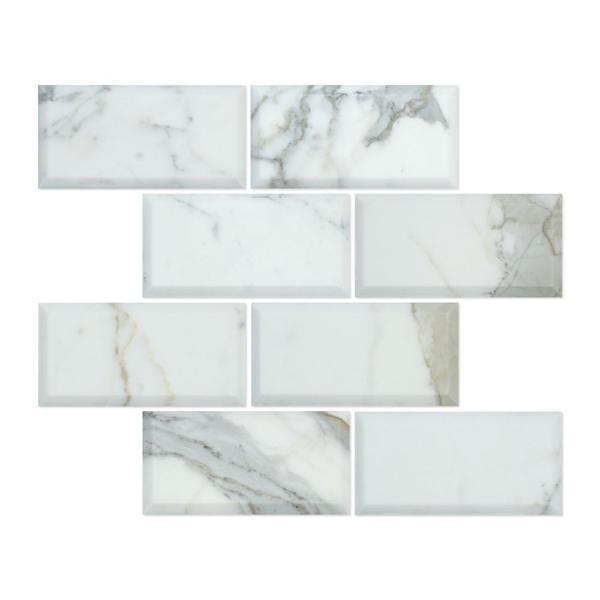 Flat view of Calacatta Gold Marble Deep Bevelled Subway Tile 3x6, polished finish