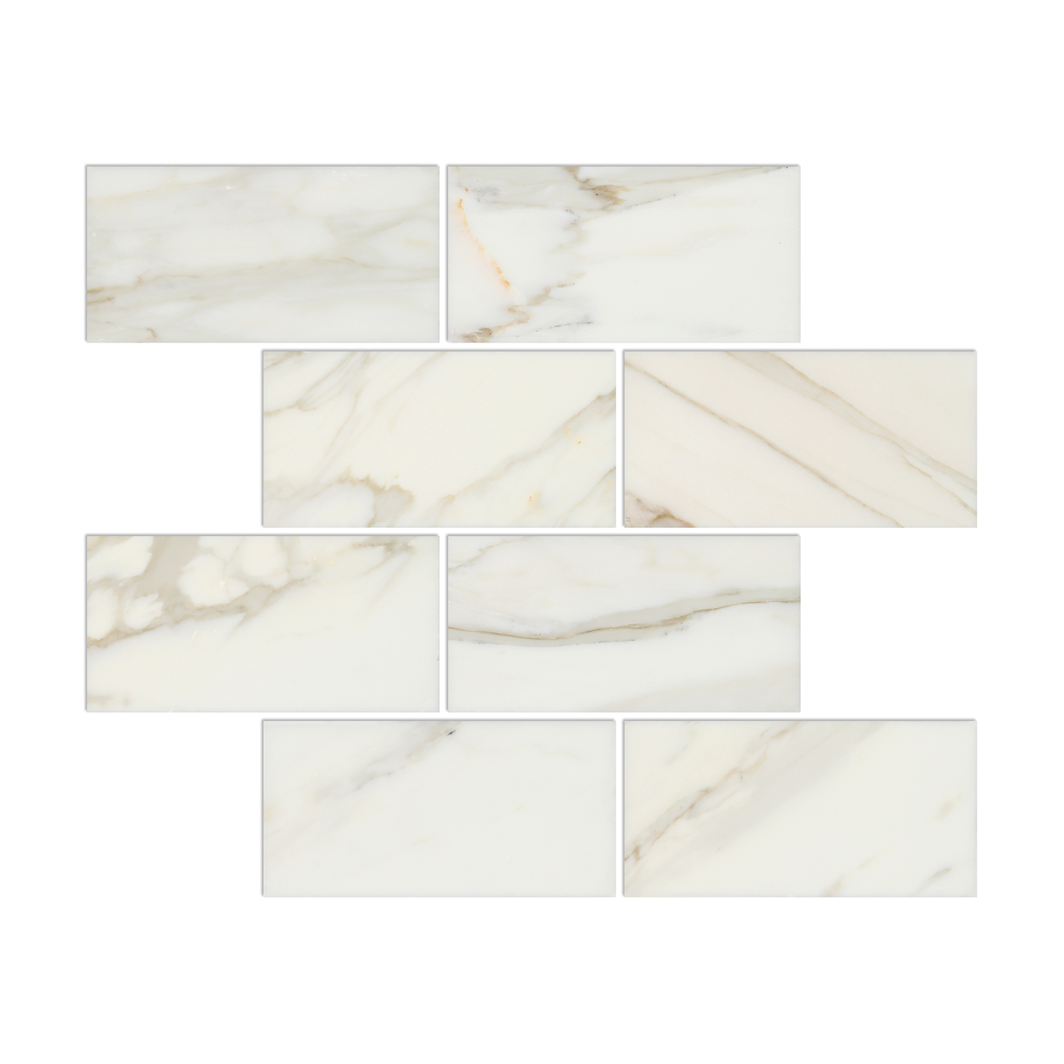 Flat view of Calacatta Gold Marble Subway Tile in 3x6 size, polished finish