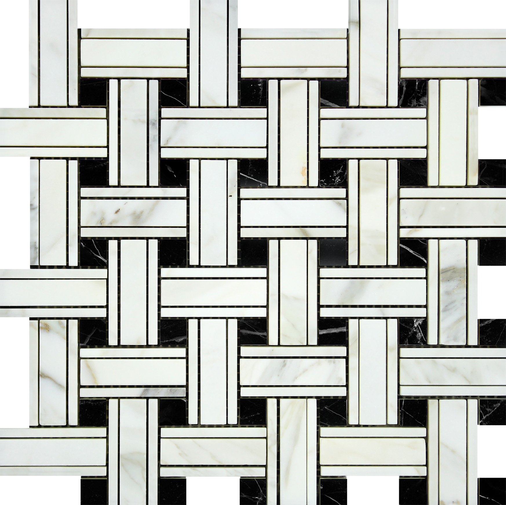 Flat view of Calacatta Gold Tripleweave Black Mosaic Tile in 12"x12" sheet with polished finish