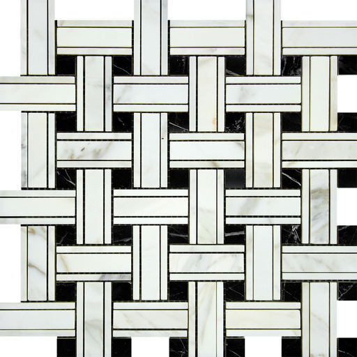 Flat view of Calacatta Gold Tripleweave Black Mosaic Tile in 12"x12" sheet with polished finish