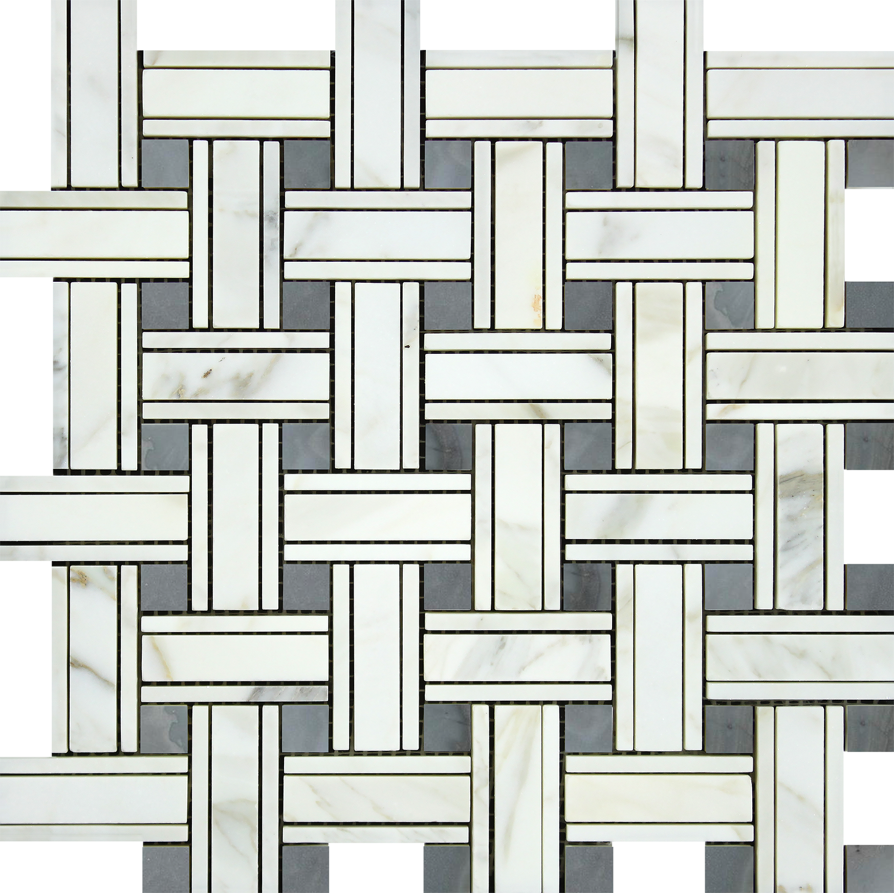 Flat view of Calacatta Gold Tripleweave Blue Mosaic Tile in 12"x12" sheet with polished finish