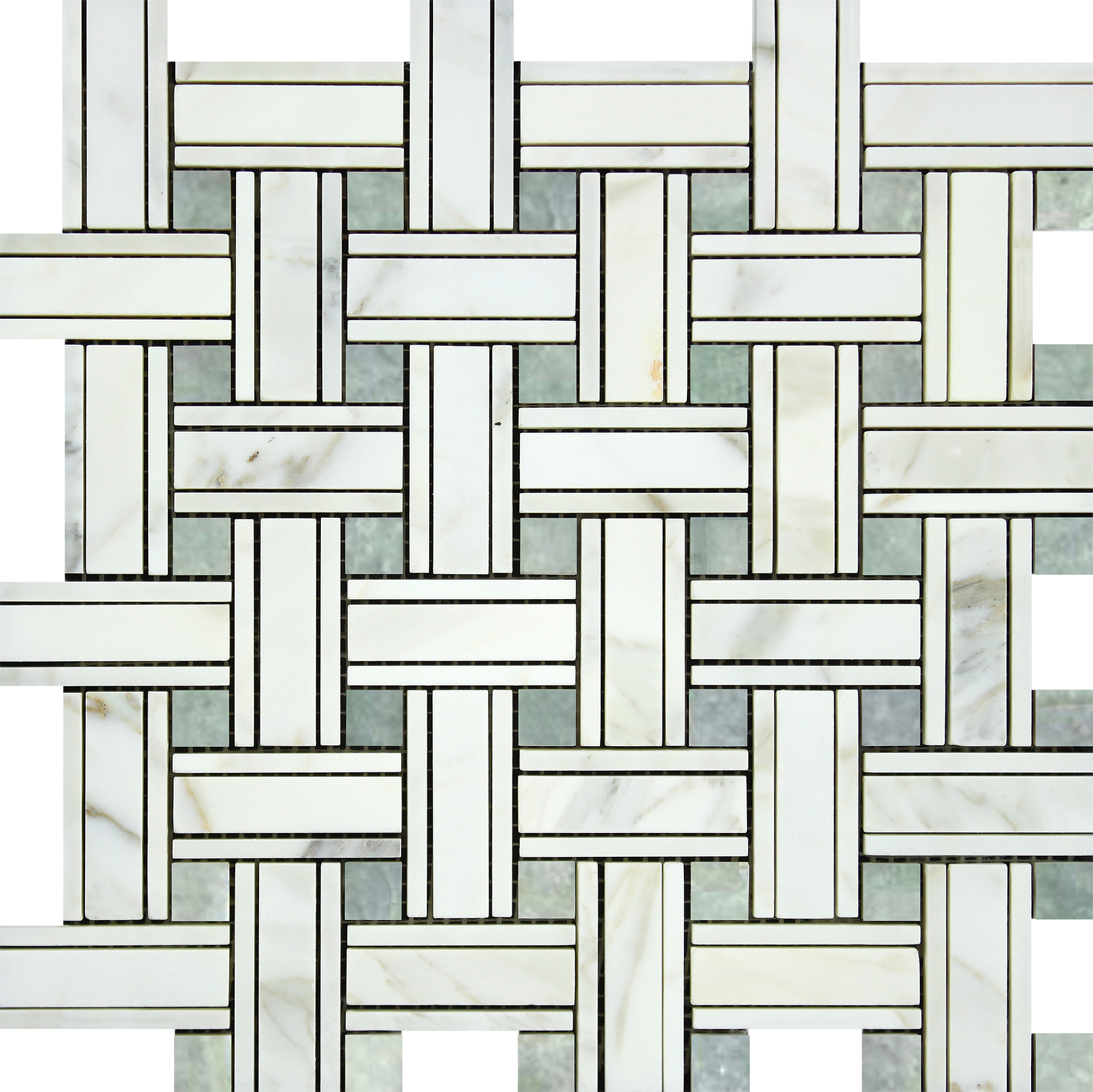 Flat view of Calacatta Gold Tripleweave Green Mosaic Tile in 12"x12" format with polished finish