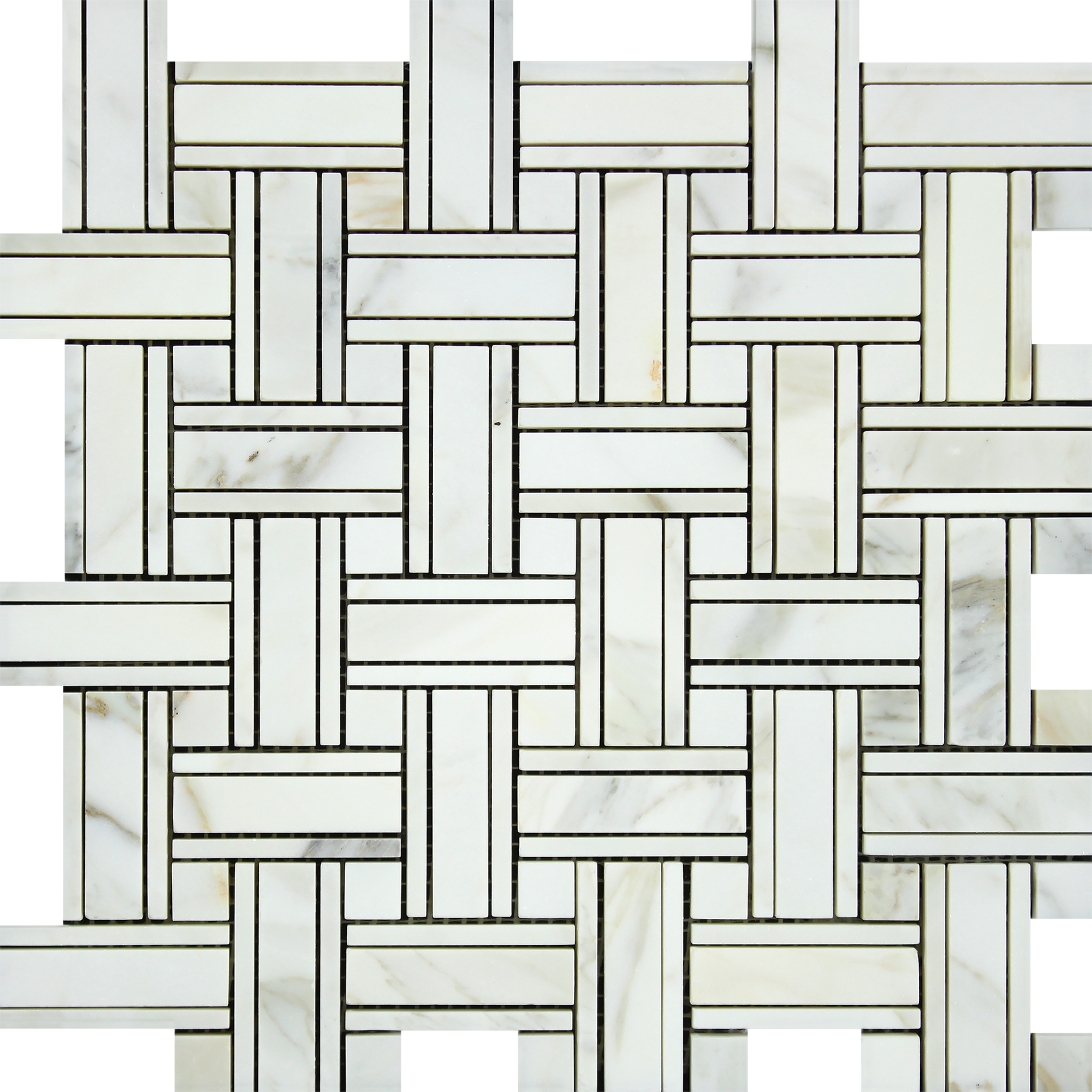 Flat view of Calacatta Gold Tripleweave Mosaic Tile in 12"x12" polished basketweave format