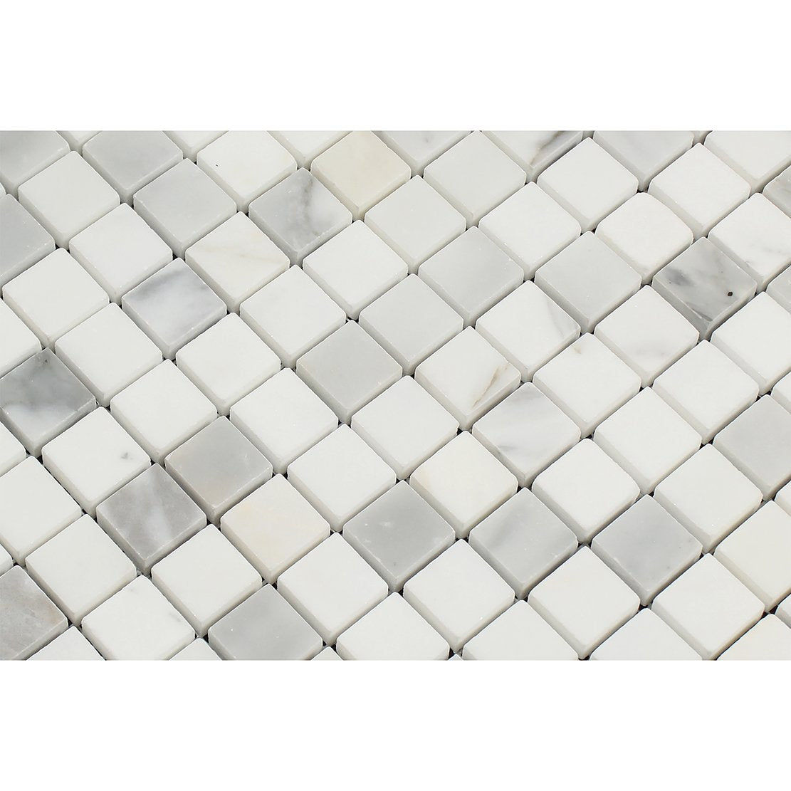 Close-up of Calacatta Marble 1x1 mosaic showing polished veining detail