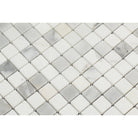 Close-up of Calacatta Marble 1x1 mosaic showing polished veining detail