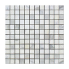 Flat view of Calacatta Marble 1x1 Mosaic Tile, polished finish, white with gray and gold veining