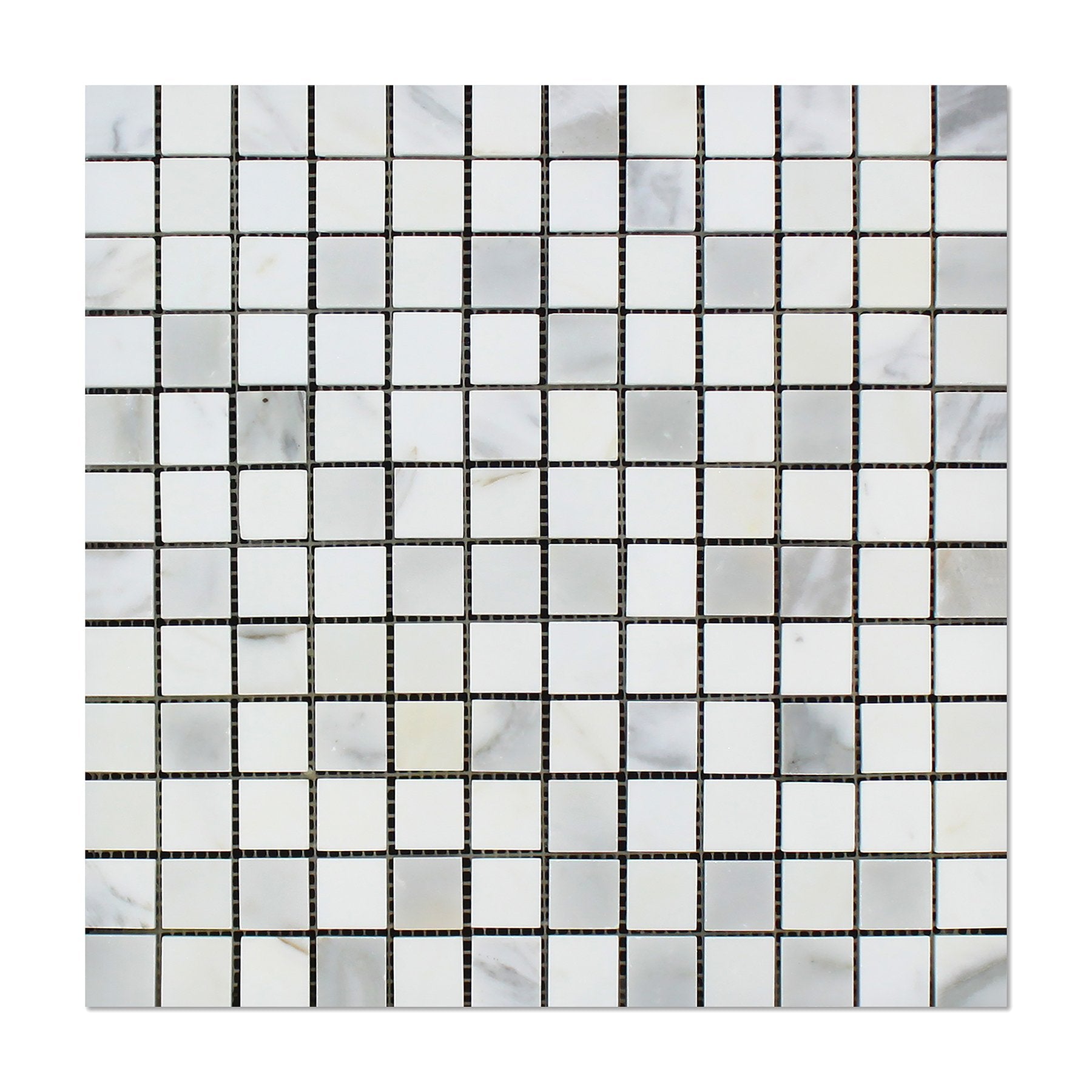 Flat view of Calacatta Marble 1x1 Mosaic Tile, polished finish, white with gray and gold veining