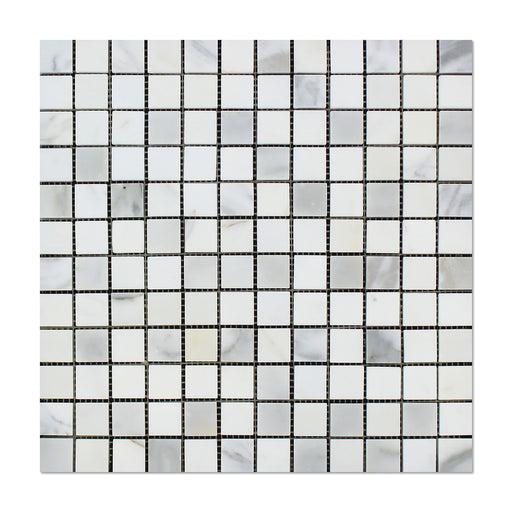 Flat view of Calacatta Marble 1x1 Mosaic Tile, polished finish, white with gray and gold veining