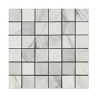 Flat view of Calacatta Marble 2x2 Mosaic Tile in polished finish, mesh-backed sheet
