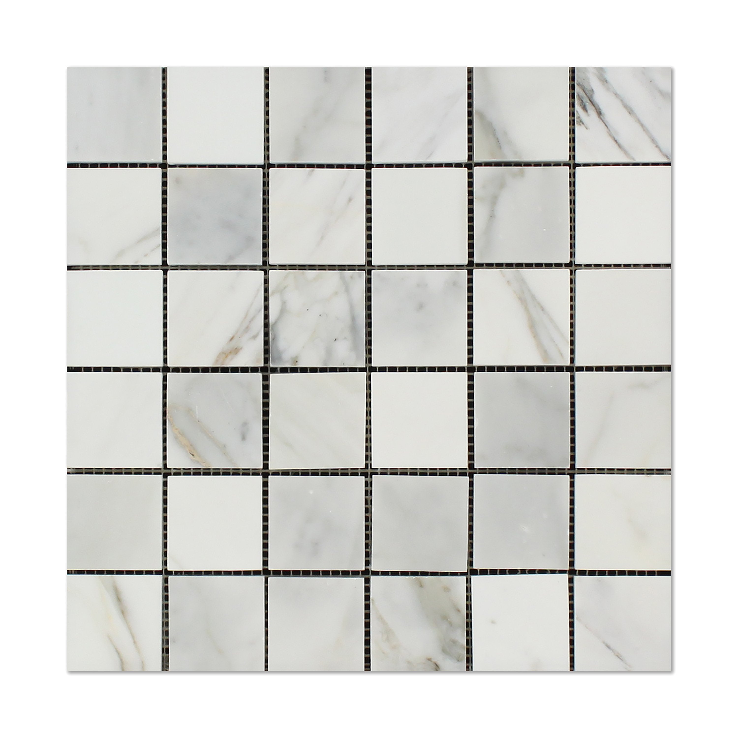 Flat view of Calacatta Marble 2x2 Mosaic Tile in polished finish, mesh-backed sheet
