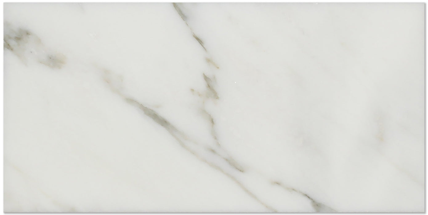 Close-up of Calacatta Marble 3x6 subway tile showing veining details