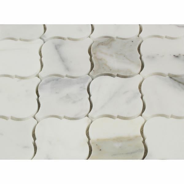 Close-up of Calacatta Marble Lantern mosaic showing bold veining and polished texture
