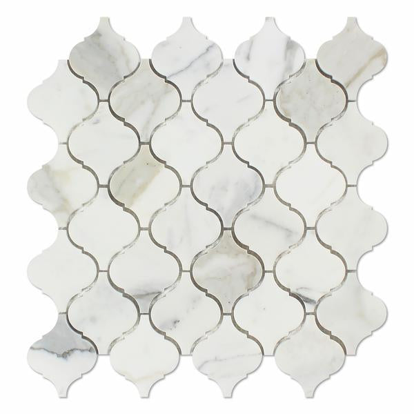 Flat view of Calacatta Marble Lantern 2" Mosaic Tile in polished finish, white with gold and gray veining