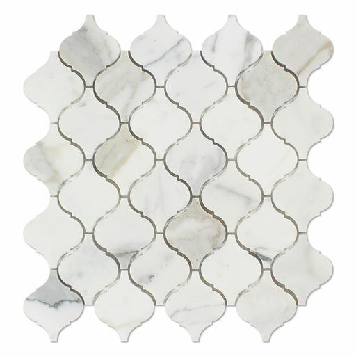 Flat view of Calacatta Marble Lantern 2" Mosaic Tile in polished finish, white with gold and gray veining