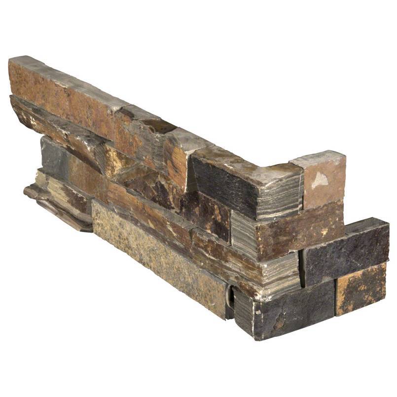 Flat lay of California Gold stacked stone corner with warm rustic slate tones