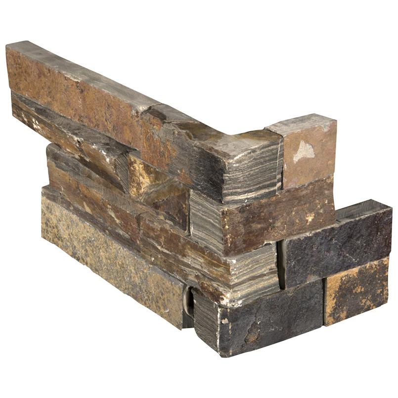 Flat lay of California Gold stacked stone small corner panel with rich slate tones