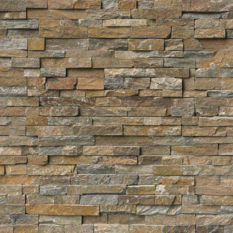 Flat lay of Canyon Creek stacked stone panel in golden quartzite and gray tones