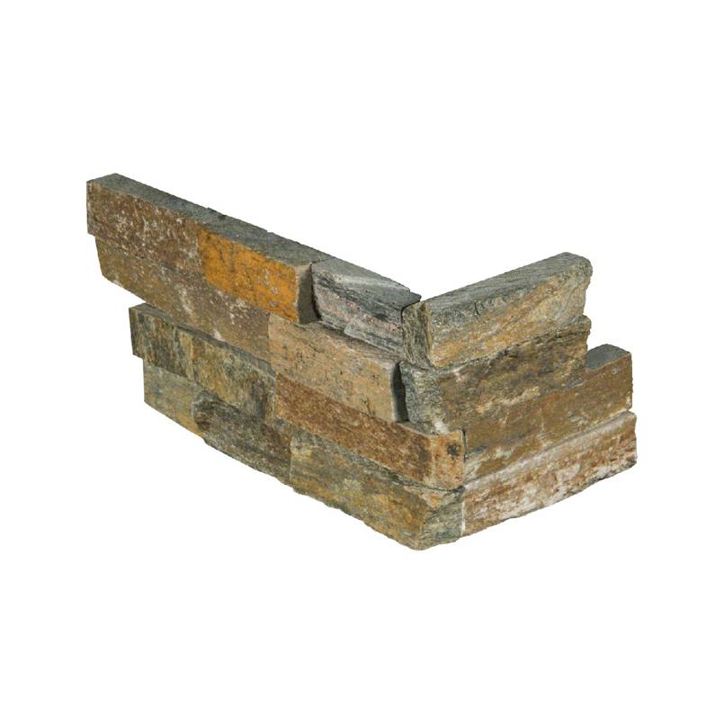 Flat lay of Canyon Creek quartzite corner stacked stone in gold and gray splitface finish