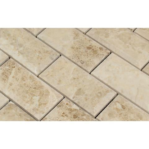 Close-up of Cappuccino 2x4 mosaic showing bevelled edges and polished finish

