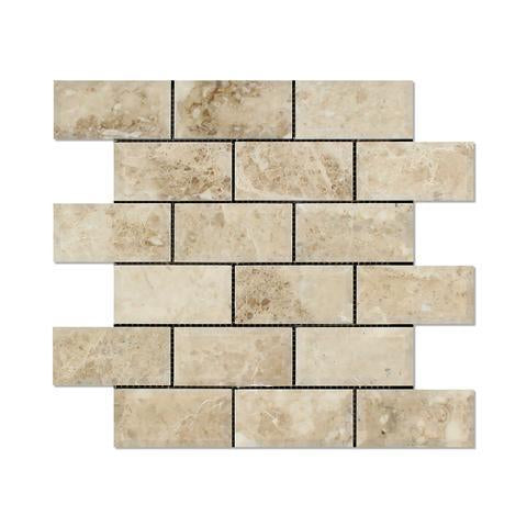 Flat view of Cappuccino marble deep bevelled 2x4 mosaic tile, 12x12 sheet
