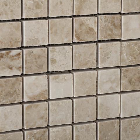 Close-up of Cappuccino 1x1 polished mosaic tile showing beige and brown variation