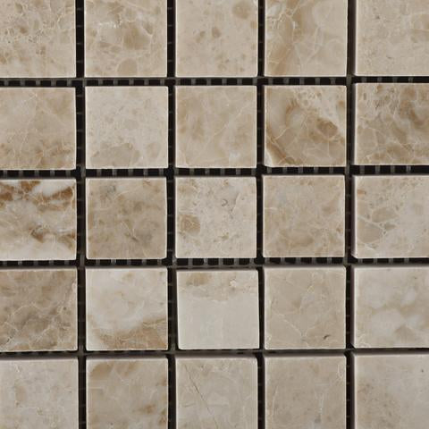 Close-up of Cappuccino 1x1 polished mosaic tile showing beige and brown variation