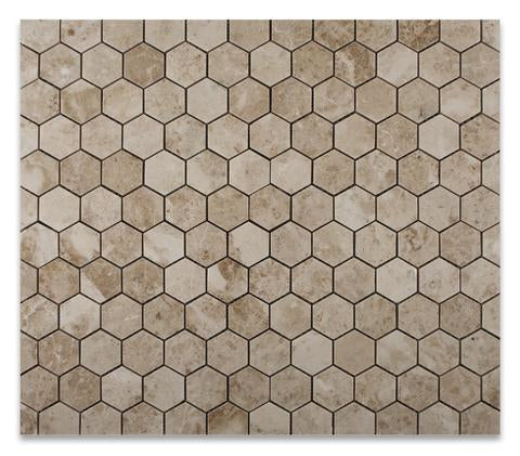 Close-up of Cappuccino marble hexagon mosaic showing polished texture and warm tones