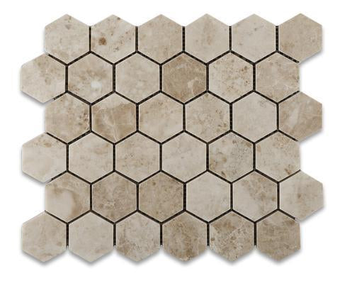 Flat view of Cappuccino Hexagon 2x2 mosaic in polished finish, 12x12 sheet