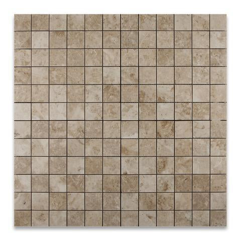 Close-up of polished Cappuccino marble mosaic tile showing texture and color variation