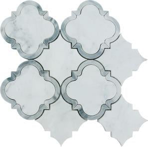 Flat view of Carrara White & Bardiglio Genoa Waterjet Mosaic showing polished white and gray marble pattern