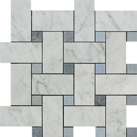 Carrara white marble basketweave with blue accents