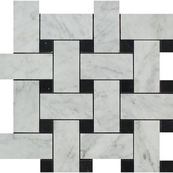 Carrara white marble basketweave mosaic tile close-up