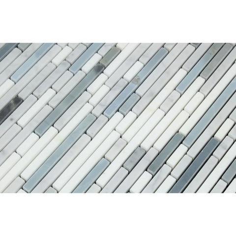Detail of Carrara white marble veining and blue glass mosaic inserts