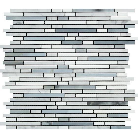 Carrara marble and blue glass bamboo stick mosaic tile sheet – top view
