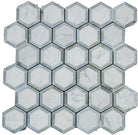 Carrara marble and blue glass 2-inch hexagon mosaic tile sheet
