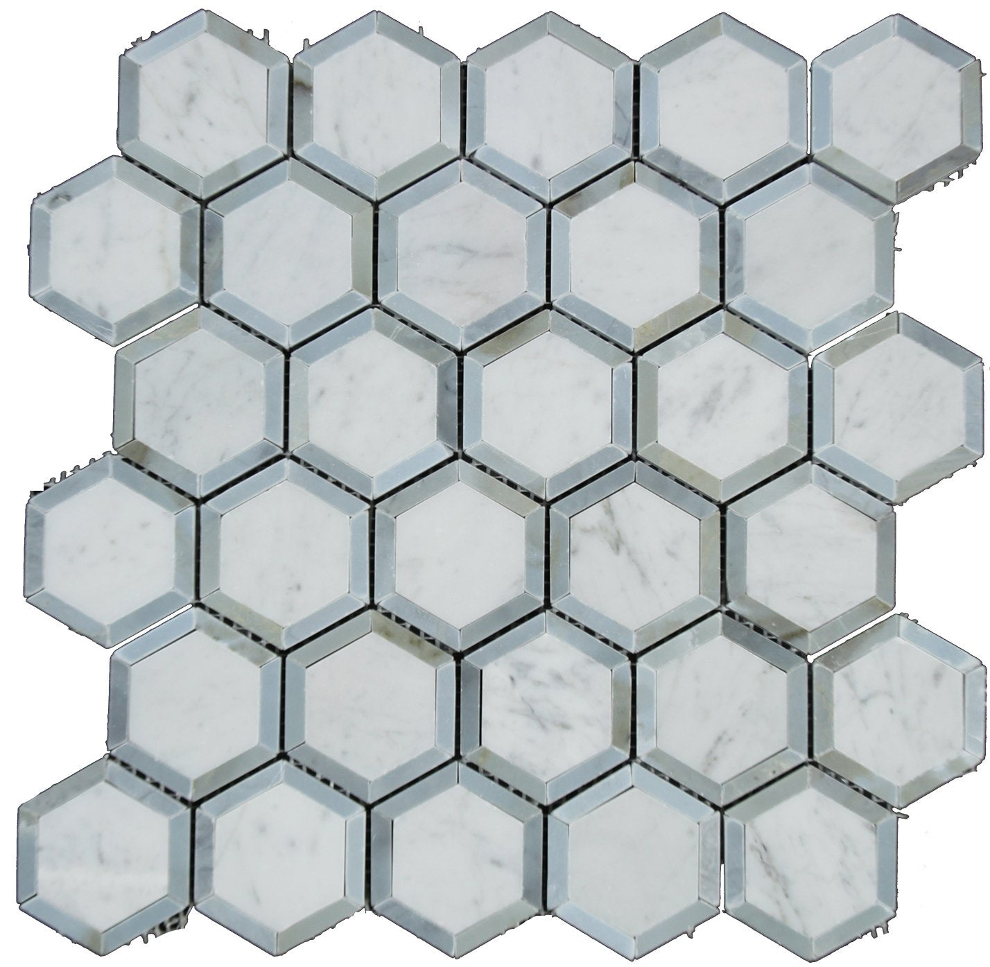 Carrara marble and blue glass 2-inch hexagon mosaic tile sheet