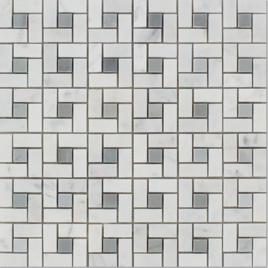 Carrara white marble pinwheel mosaic tile with blue accents