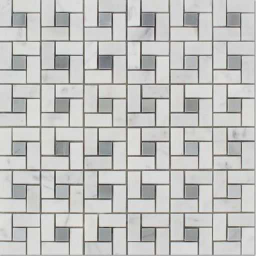 Carrara white marble pinwheel mosaic tile with blue accents