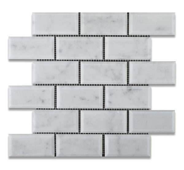 Carrara White Deep Bevelled Brick Marble Mosaic 2x4