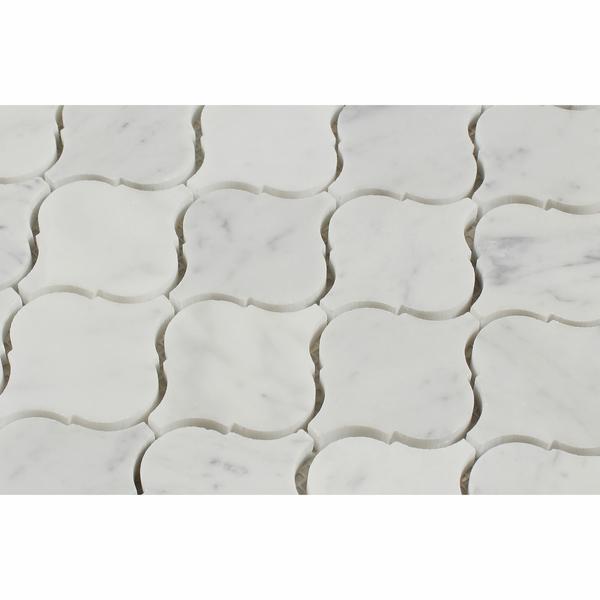 Detail of Carrara lantern mosaic with soft grey veining and polished finish