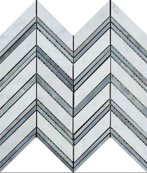 Carrara white marble large chevron mosaic tile with blue gray accents