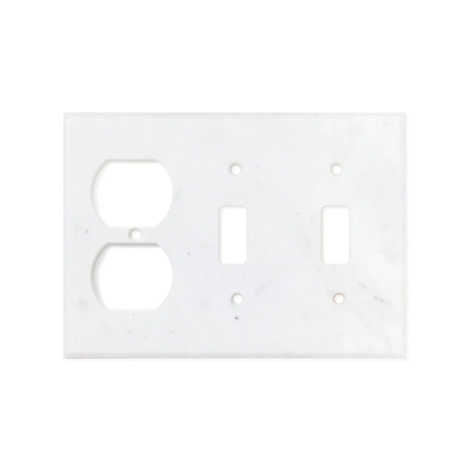 Flat lay of Carrara marble double toggle duplex switch plate with gray veining