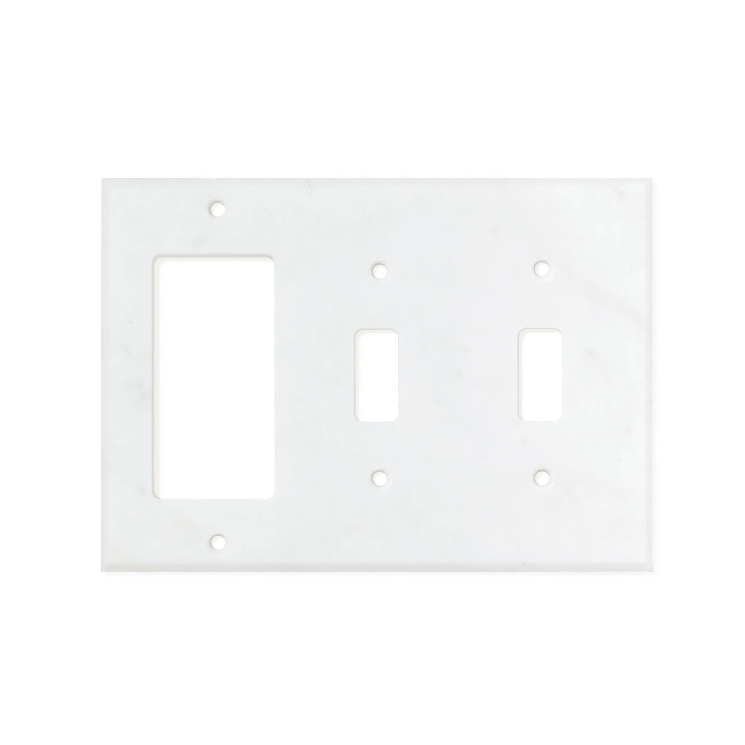 Flat lay of Carrara White Marble double toggle and rocker switch plate cover with gray veining