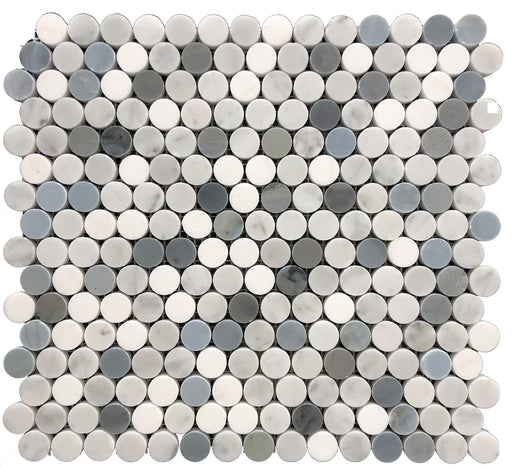 Carrara white marble penny round mosaic sheet with polished finish
