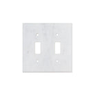 Flat lay of Carrara White Marble double toggle switch plate with natural veining