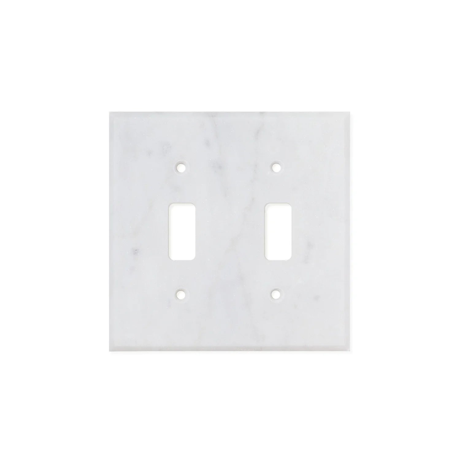 Flat lay of Carrara White Marble double toggle switch plate with natural veining