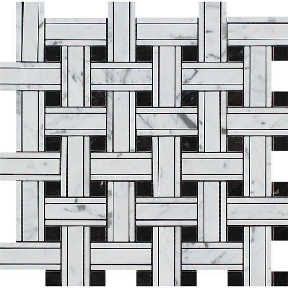 Flat lay view of Carrara White Triple Weave marble mosaic tile with intricate basket pattern