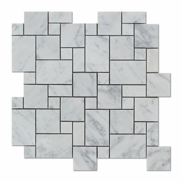 Flat lay of Carrara White Versailles marble mosaic tile with miniature pattern