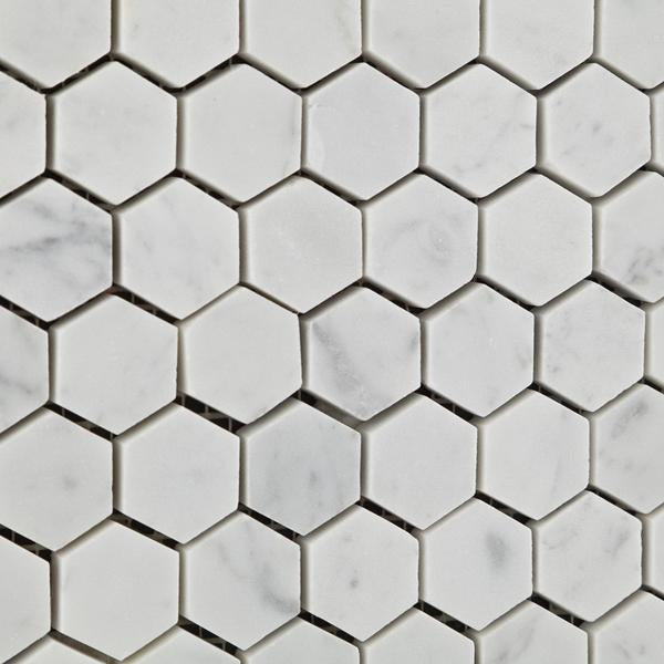 Close-up of Carrara White Marble Hexagon Mosaic showing polished finish and soft veining